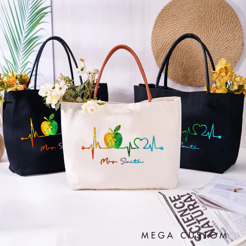 Personalized Teacher Canvas Tote Bag Teacher Heartbeat Design Appreciation Gift for Teachers