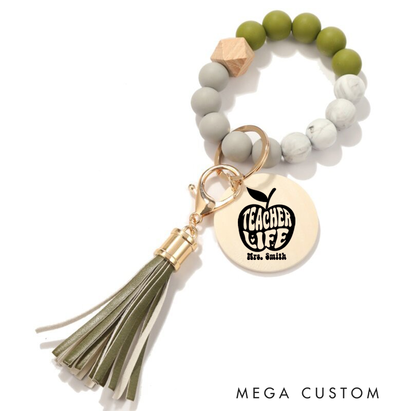 Personalized Teacher Keychain Teacher Life Design Silicone Beads Bracelet Keychain Wooden Engraved Wristlet Keychain Teacher Appreciation Gift