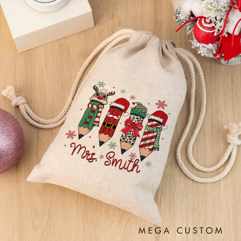 Personalised Christmas Santa Sack for Teachers Custom Cute Christmas Pencil Design Sack Christmas Gift