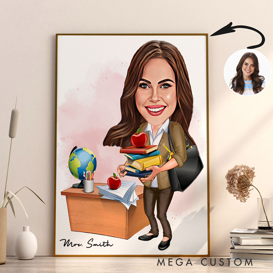 Personalized Teacher Portrait Poster Print Gift Teacher Book Apple Design Home Classroom Wall Art Unique Gift for Teachers