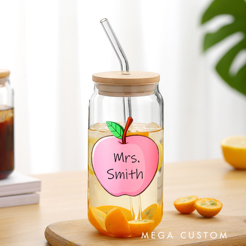 Personalized Teacher Tumbler with Lid and Straw Apple Custom Glass Coffee Cup Teacher Appreciation Gift