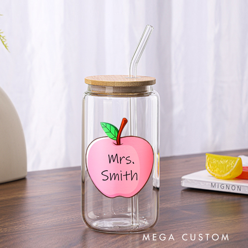 Personalized Teacher Tumbler with Lid and Straw Apple Custom Glass Coffee Cup Teacher Appreciation Gift