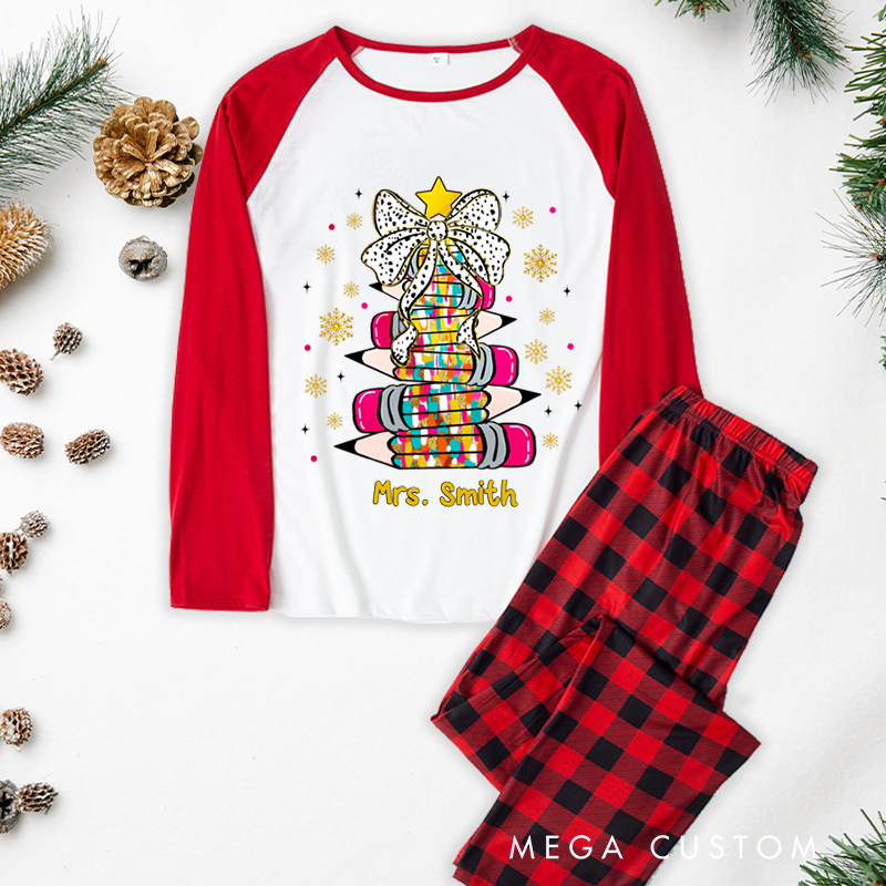 Personalized Teacher Christmas Pajama Sets Custom Christmas Tree Design Pajamas Xmas Gift