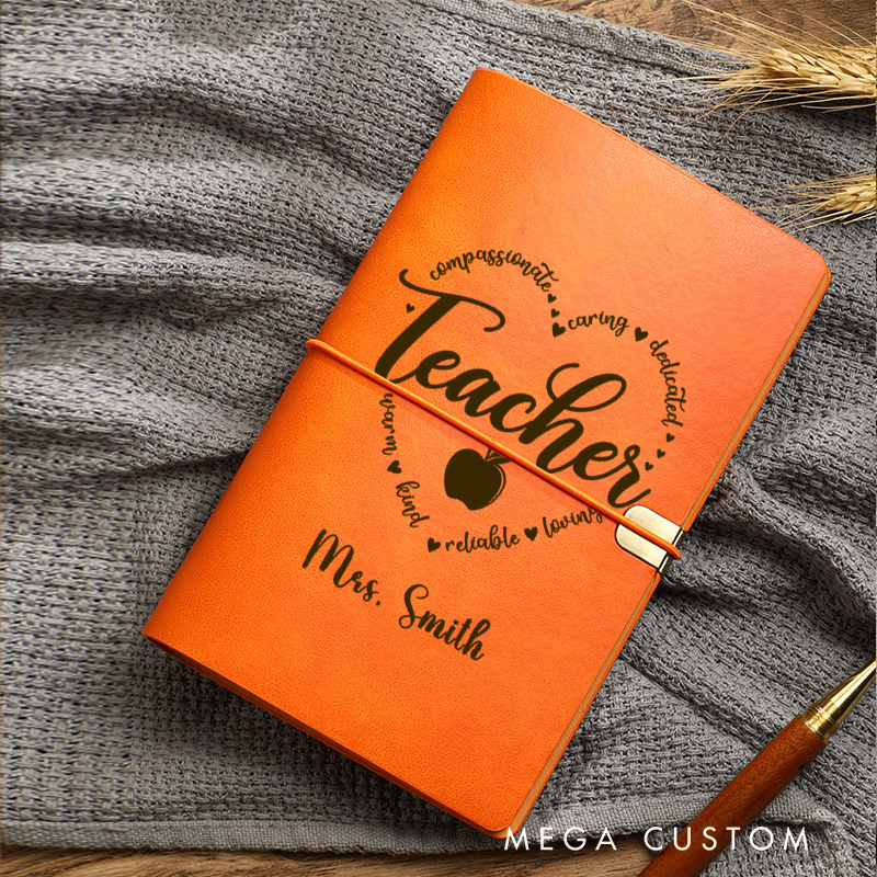 Personalized Teacher A6 Leather Wraparound Notebook Teacher Heart Design Appreciation Gift for Teachers