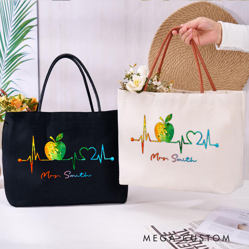 Personalized Teacher Canvas Tote Bag Teacher Heartbeat Design Appreciation Gift for Teachers