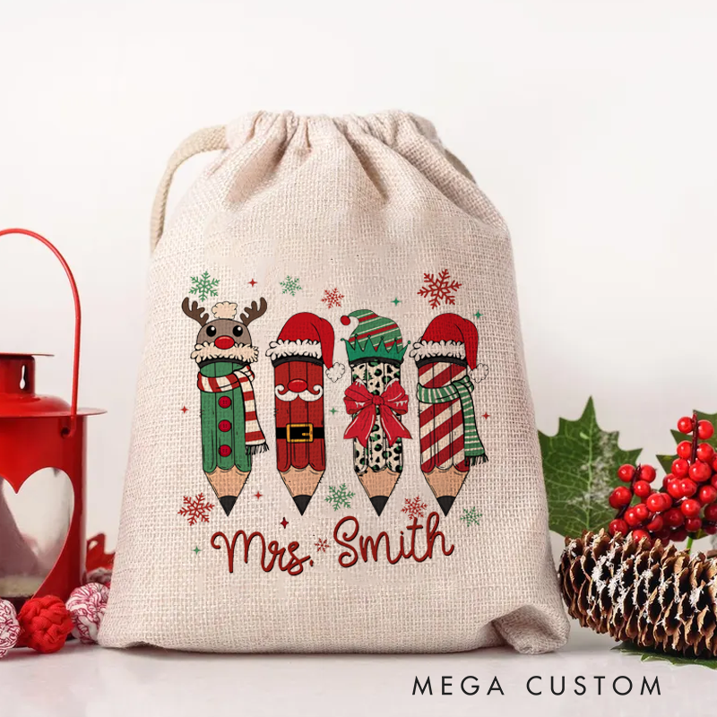 Personalised Christmas Santa Sack for Teachers Custom Cute Christmas Pencil Design Sack Christmas Gift