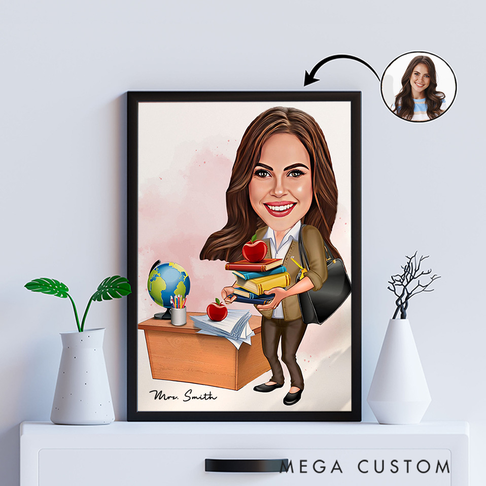 Personalized Teacher Portrait Poster Print Gift Teacher Book Apple Design Home Classroom Wall Art Unique Gift for Teachers
