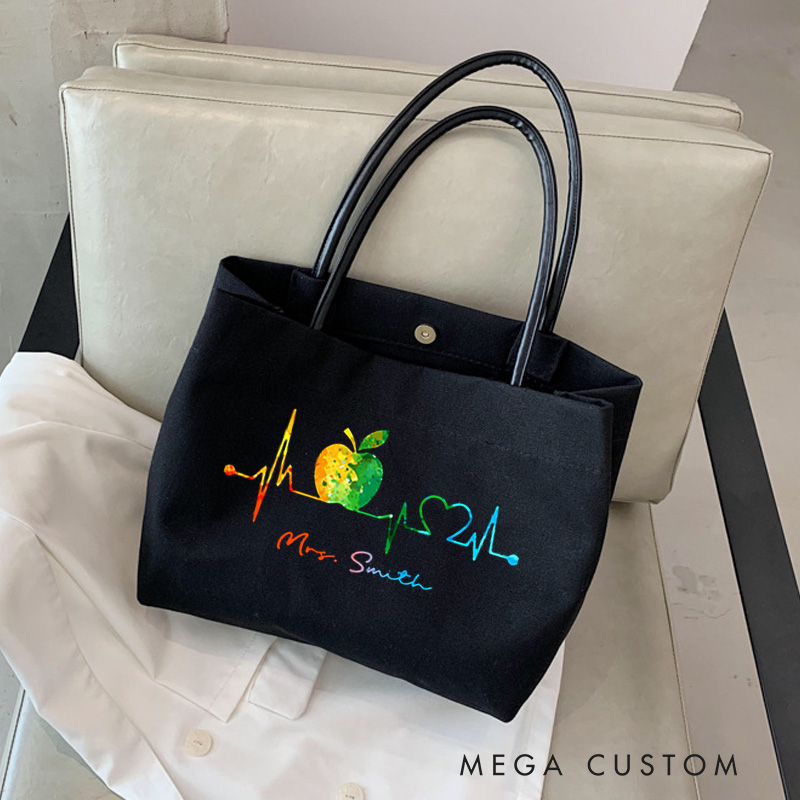 Personalized Teacher Canvas Tote Bag Teacher Heartbeat Design Appreciation Gift for Teachers
