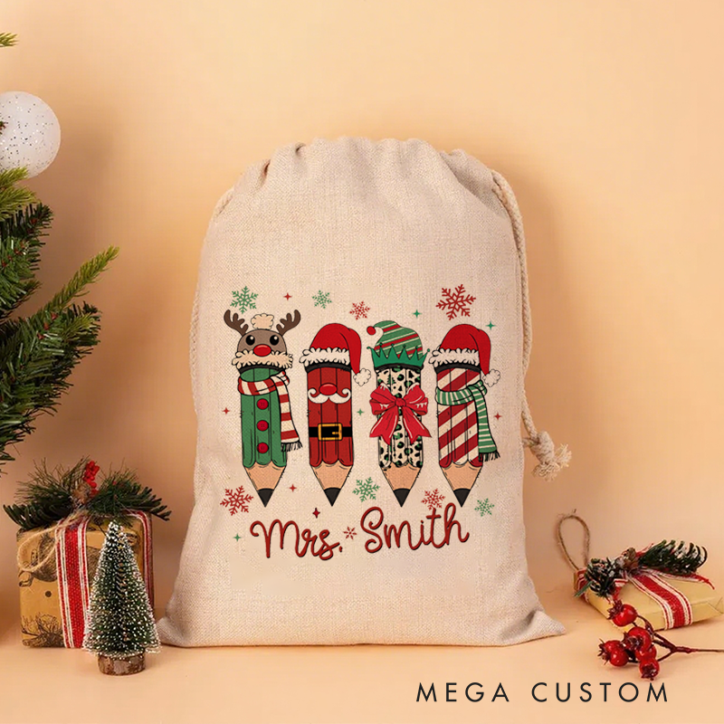 Personalised Christmas Santa Sack for Teachers Custom Cute Christmas Pencil Design Sack Christmas Gift