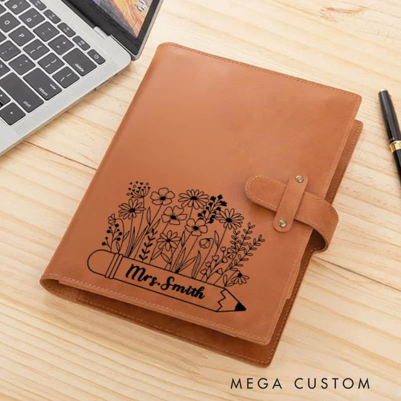 Personalized Teacher A5 Leather Notebook Cover with Pocket Flower Pencil Design Appreciation Gift for Teachers