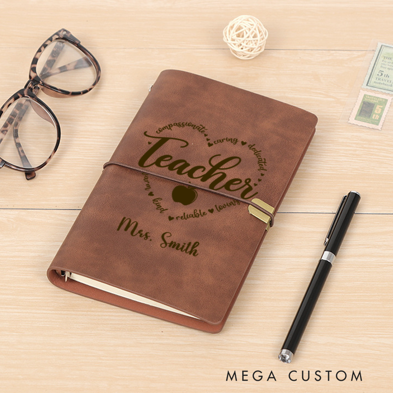 Personalized Teacher A6 Leather Wraparound Notebook Teacher Heart Design Appreciation Gift for Teachers