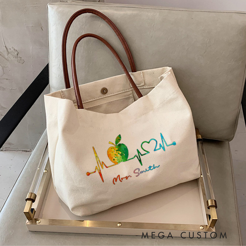 Personalized Teacher Canvas Tote Bag Teacher Heartbeat Design Appreciation Gift for Teachers