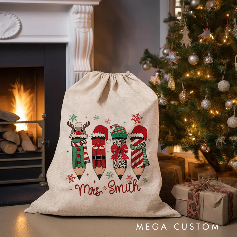 Personalised Christmas Santa Sack for Teachers Custom Cute Christmas Pencil Design Sack Christmas Gift