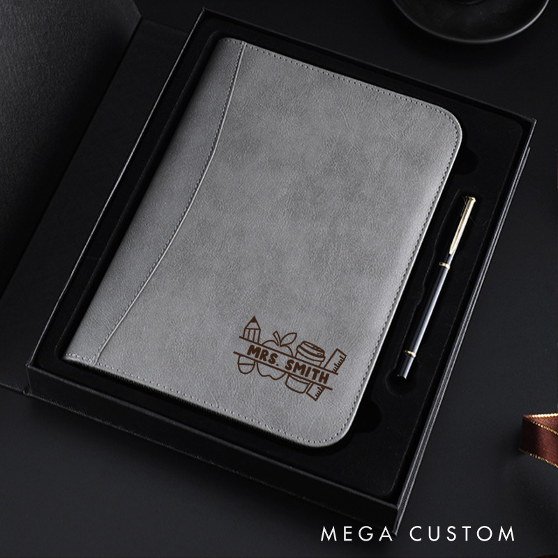 Personalized Teacher Notebook A5 PU Leather Zipper Notebook Pencil Apple Coffee Design Teacher Appreciation Gift