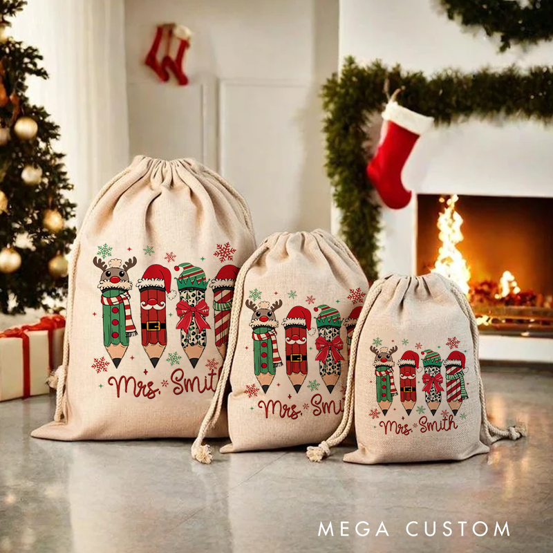Personalised Christmas Santa Sack for Teachers Custom Cute Christmas Pencil Design Sack Christmas Gift