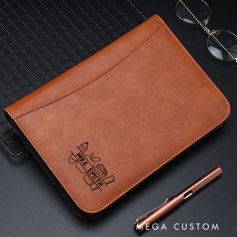 Personalized Teacher Notebook A5 PU Leather Zipper Notebook Pencil Apple Coffee Design Teacher Appreciation Gift