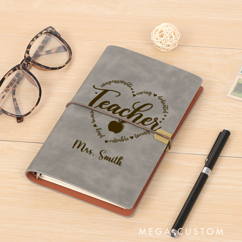 Personalized Teacher A6 Leather Wraparound Notebook Teacher Heart Design Appreciation Gift for Teachers