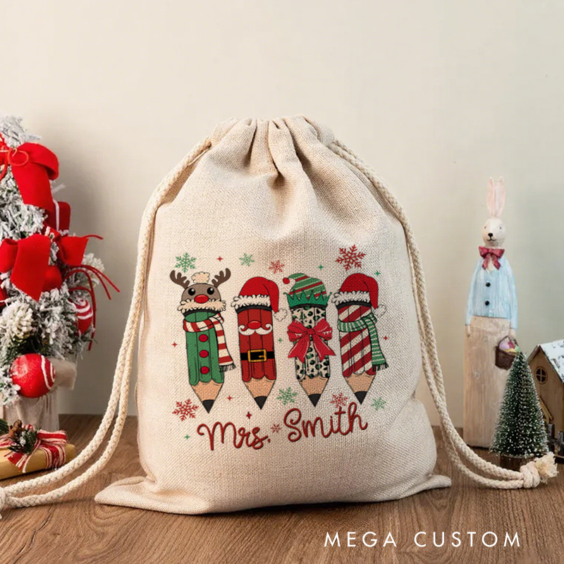 Personalised Christmas Santa Sack for Teachers Custom Cute Christmas Pencil Design Sack Christmas Gift