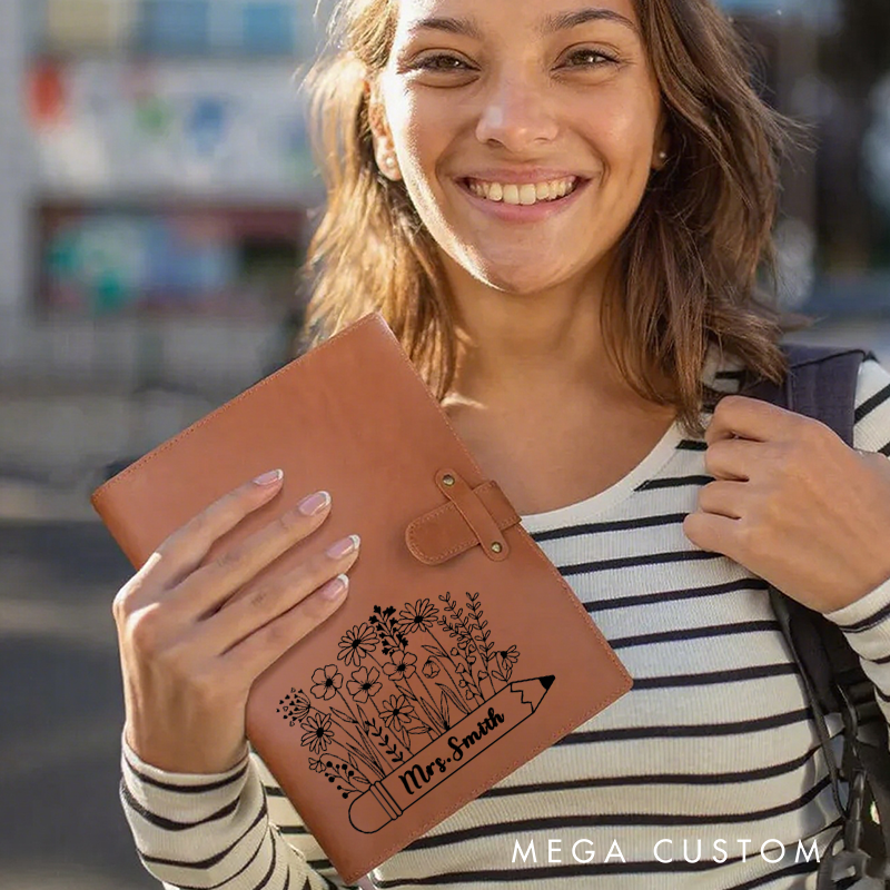 Personalized Teacher A5 Leather Notebook Cover with Pocket Flower Pencil Design Appreciation Gift for Teachers