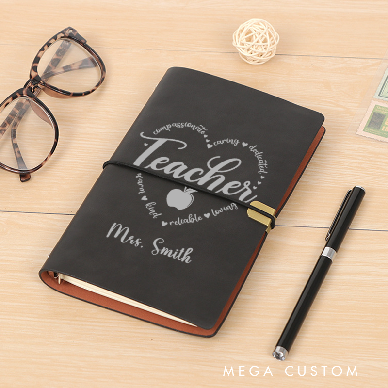 Personalized Teacher A6 Leather Wraparound Notebook Teacher Heart Design Appreciation Gift for Teachers