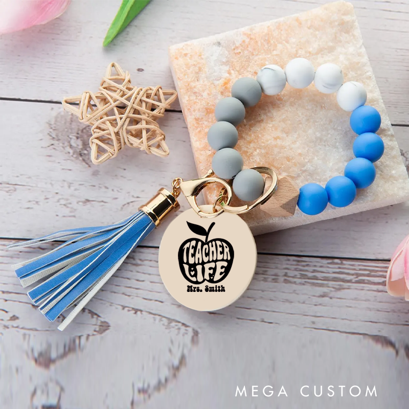 Personalized Teacher Keychain Teacher Life Design Silicone Beads Bracelet Keychain Wooden Engraved Wristlet Keychain Teacher Appreciation Gift