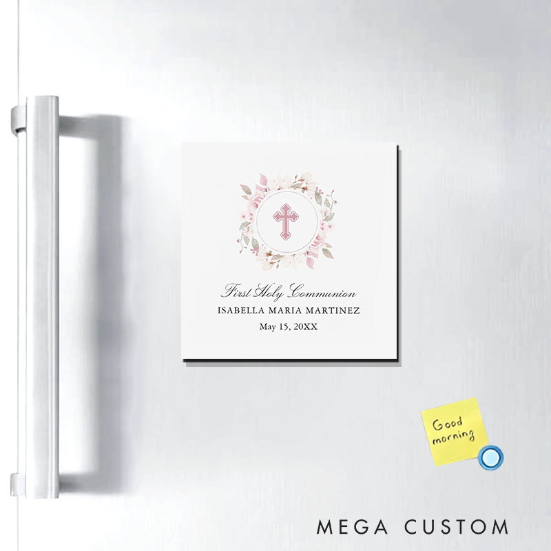 Personalized First Communion Cross Wreath Magnetic Fridge Magnet with Name and Year Number First Holy Communion Gift Religious Gift