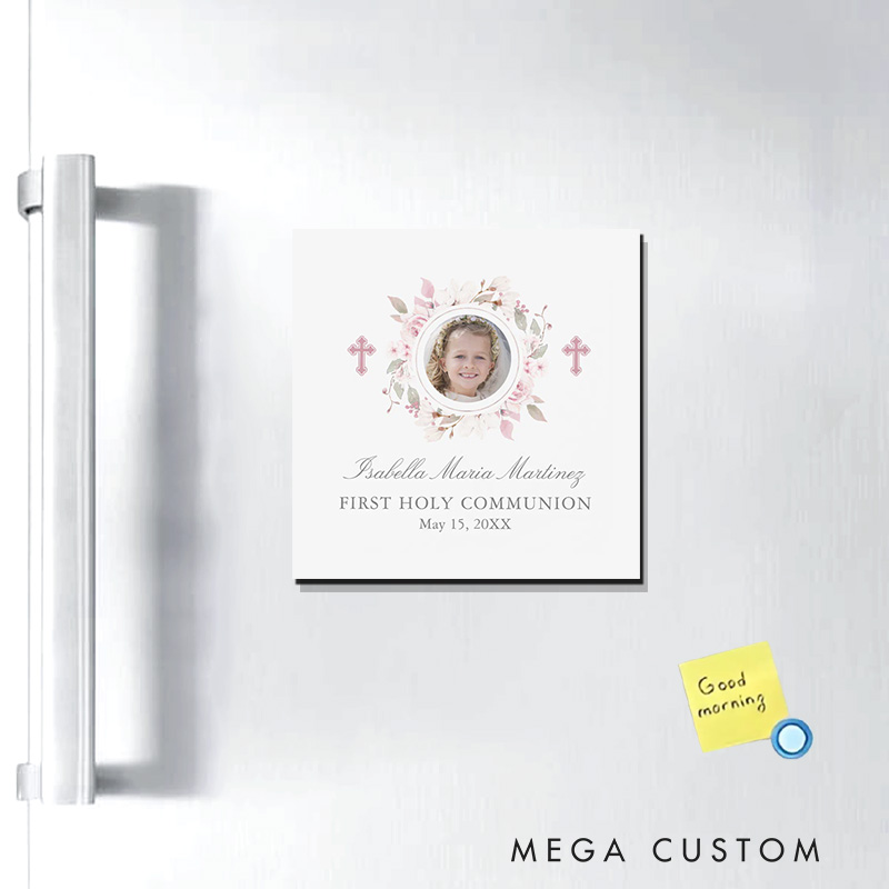 Personalized First Communion Cross Pink Flower Magnetic Fridge Magnet with Name Photo and Date First Holy Communion Gift Religious Gift