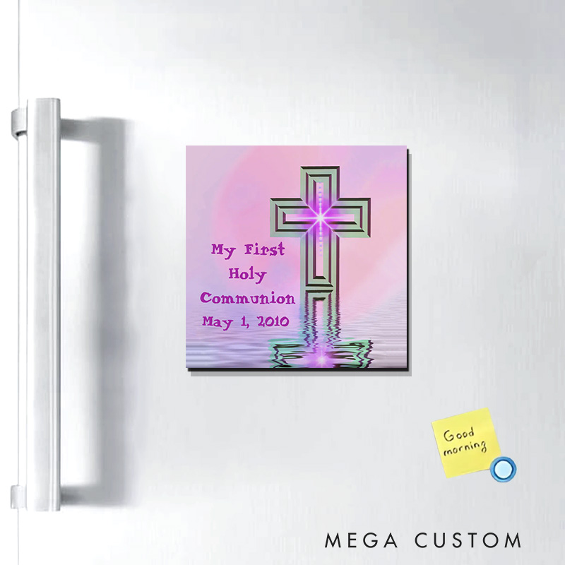 Personalized Cross My First Holy Communion Pink and Purple Magnetic Fridge Magnet with Date Religious Gift First Communion Gift