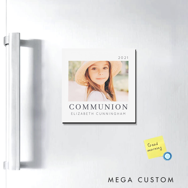 Personalized Simple Modern Chic First Communion Photo Magnetic Fridge Magnet with Name and Date Religious Gift First Holy Communion Gift