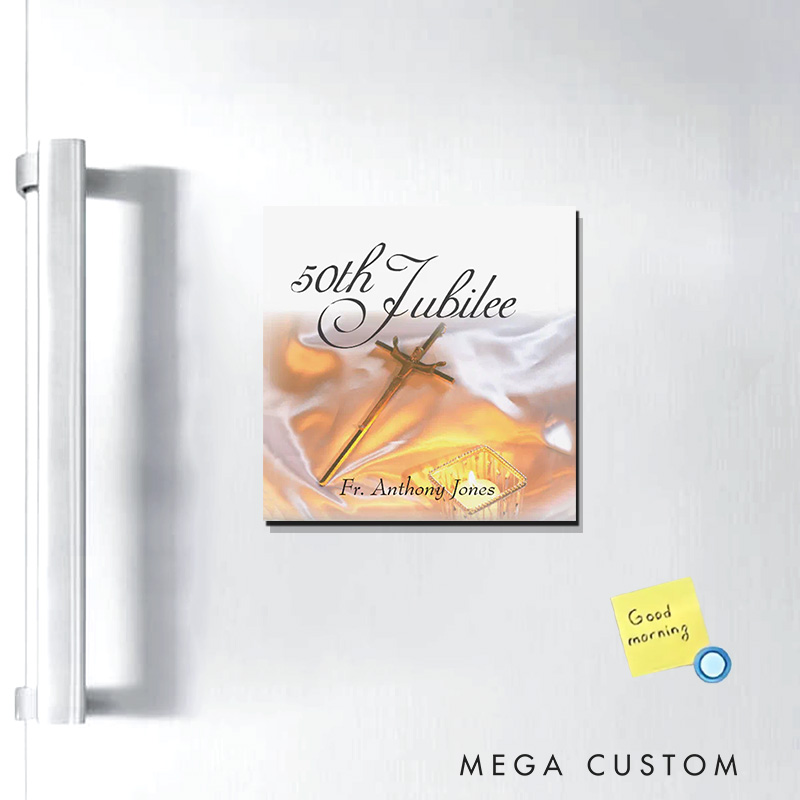 Personalized Golden Jubilee Religious Life Cross Candle Magnetic Fridge Magnet with Name Religious Gift 50 Year Anniversary Gift