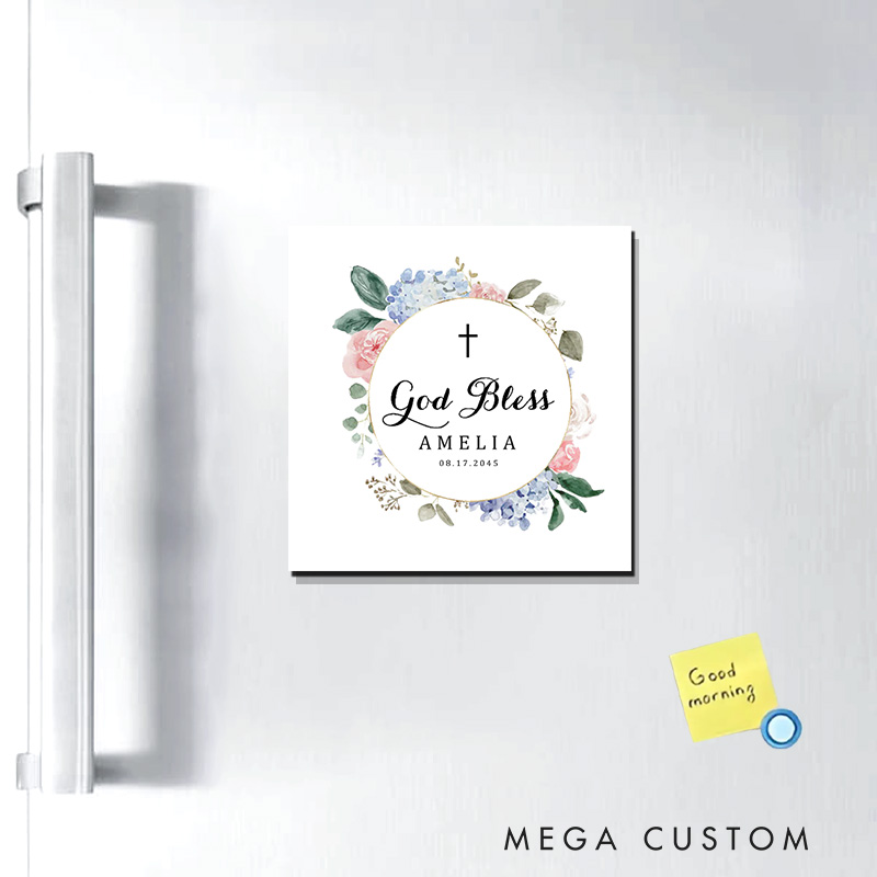 Personalized Blue Hydrangeas and Roses God Bless Fridge Magnet with Name and Date Religious Gift for Christian Women