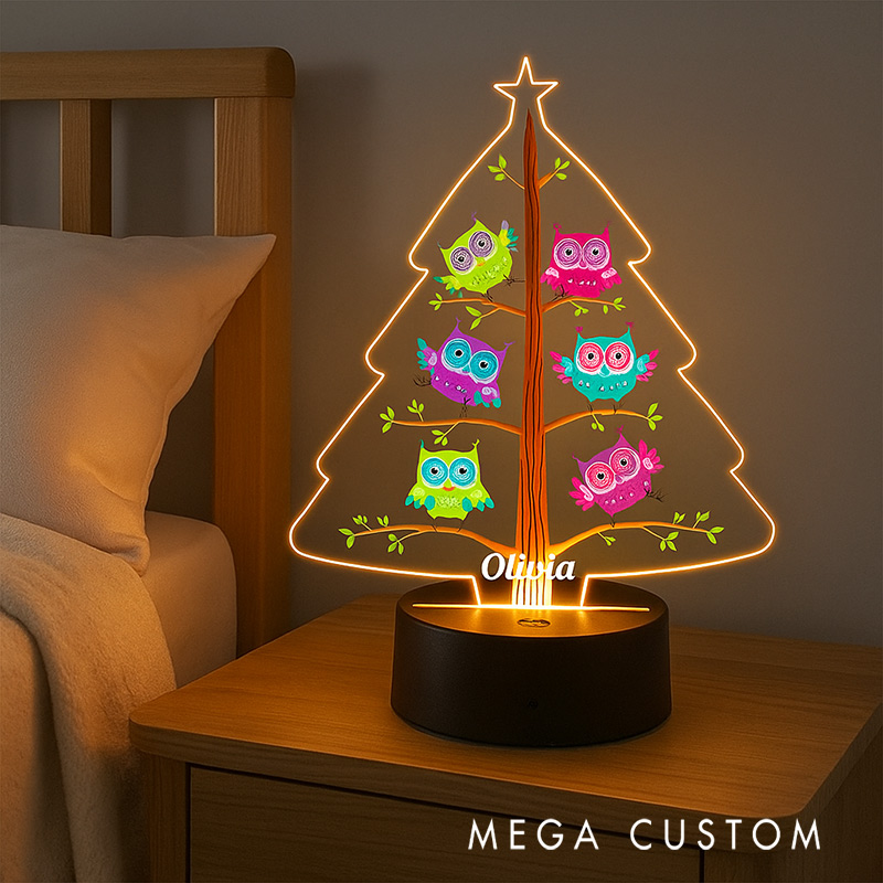 Personalized Cartoon Owl Christmas Tree Night Light Custom Name LED Night Light Children's Gifts Romantic Gifts for Christmas and New Year's Indoor Holiday Parties