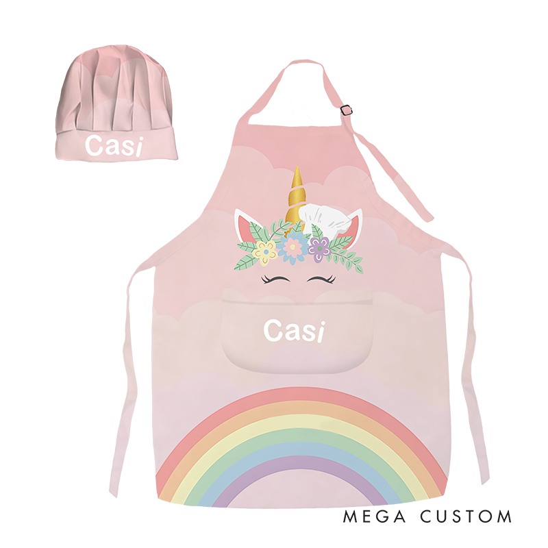 Personalized Colorful Gradient Cartoon Print Adjustable Kids Apron Set with Name and Pocket for Cooking Crafts Holiday Gift for Girls