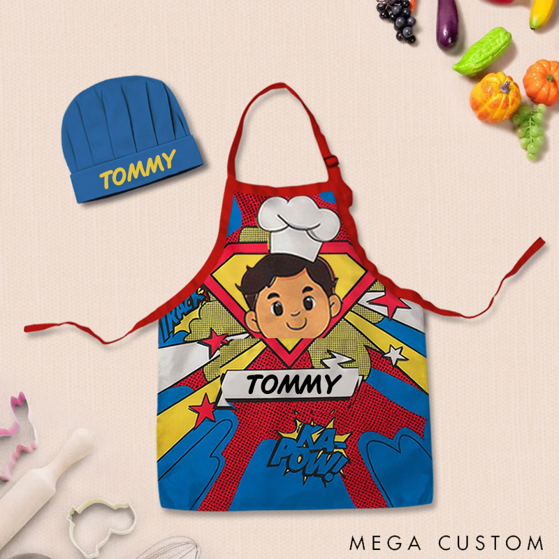 Personalized Comic Style Adjustable Apron Chef Hat Set with Pocket and Name for Cooking Birthday Holiday Gift for Kids