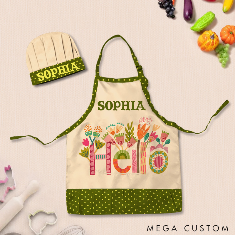 Personalized Floral Pattern Adjustable Kid Apron Chef Hat Set with Pocket and Name for Cooking Baking Birthday Holiday Gift for Kids