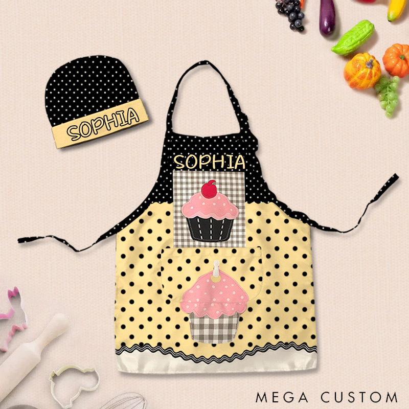 Personalized Polka Dot Color Block Cake Adjustable Kid Apron Chef Hat Set with Pocket and Name for Cooking Baking Birthday Holiday Gift for Kids