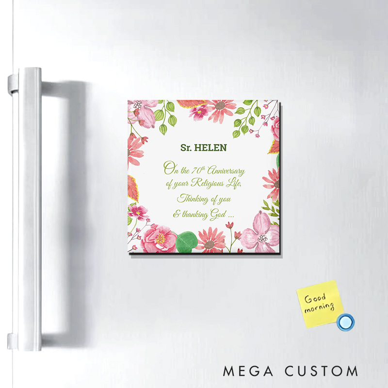 Personalized Nun Religious 70th Anniversary Watercolor Flowers Magnetic Fridge Magnet with Name and Year Number Religious Gift Anniversary Gift