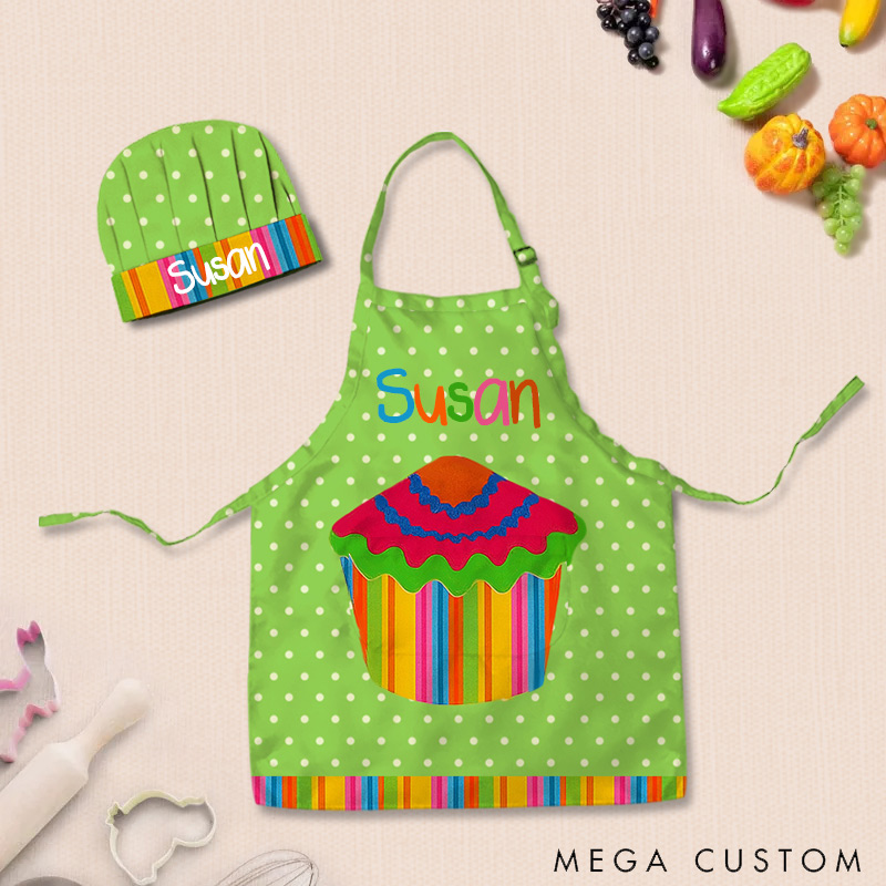 Personalized Colorful Polka Dot Cake Adjustable Kid Apron Chef Hat Set with Pocket and Name for Cooking Baking Birthday Holiday Gift for Kids