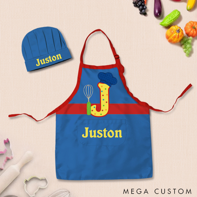 Personalized Letter Remix Color Block Adjustable Kid Apron Chef Hat Set with Pocket and Name for Cooking Baking Birthday Holiday Gift for Kids