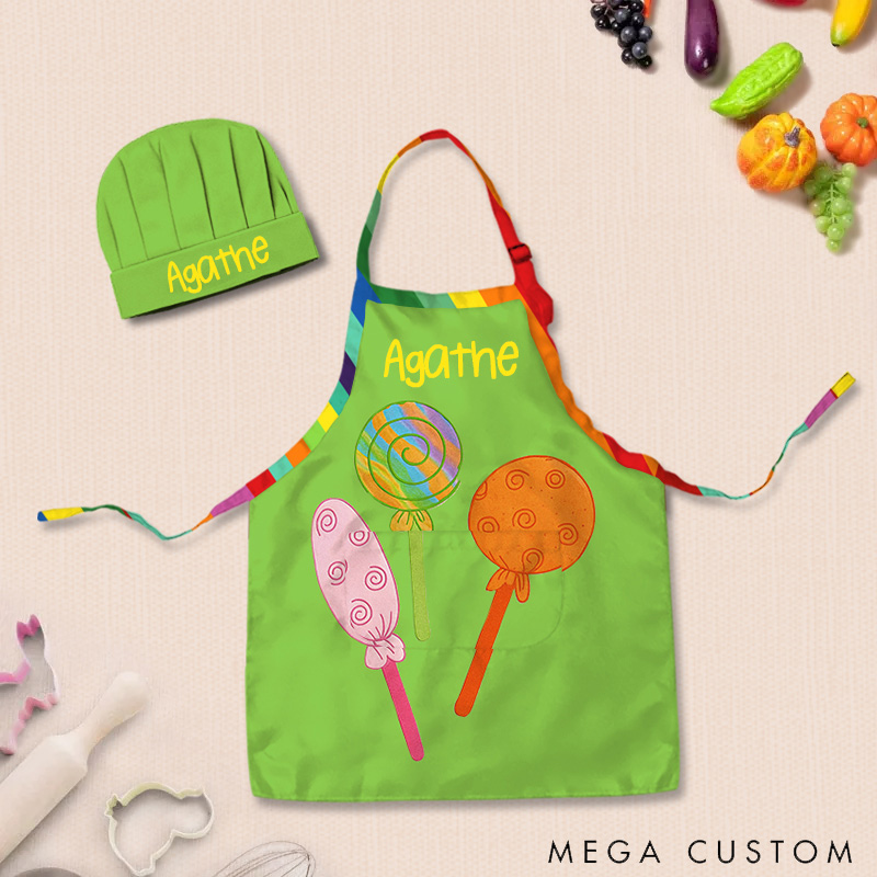 Personalized Colorful Lollipop Adjustable Kid Apron Chef Hat Set with Pocket and Name for Cooking Baking Birthday Holiday Gift for Kids