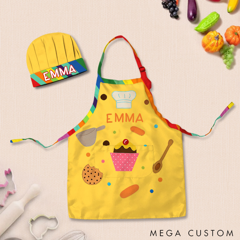 Personalized Cooking Elements Adjustable Kid Apron Chef Hat Set with Pocket and Name for Cooking Baking Birthday Holiday Gift for Kids