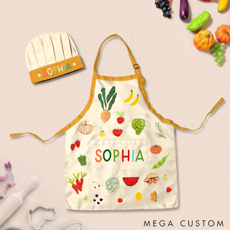Personalized Hand Drawn Fruits Vegetables Adjustable Kid Apron Chef Hat Set with Pocket and Name for Cooking Baking Birthday Holiday Gift for Kids