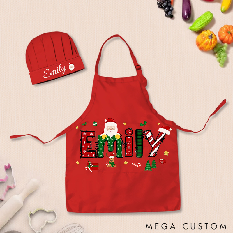 Personalized Christmas Adjustable Kid Apron Chef Hat Set with Pocket and Name for Cooking Baking Birthday Holiday Gift for Kids
