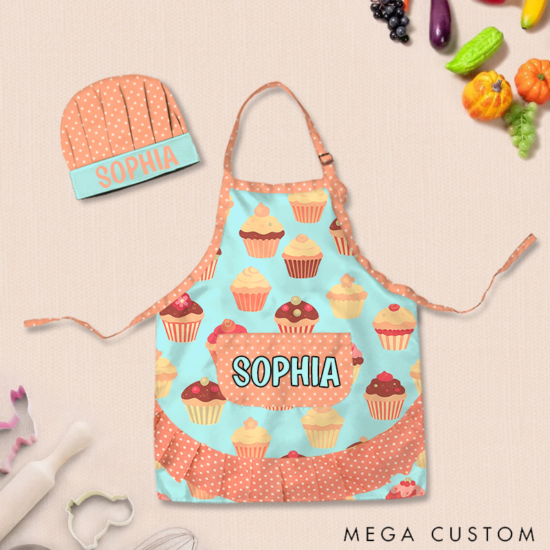 Personalized Cupcake Polka Dot Patchwork Adjustable Kid Apron Chef Hat Set with Pocket and Name for Cooking Baking Birthday Holiday Gift for Kids