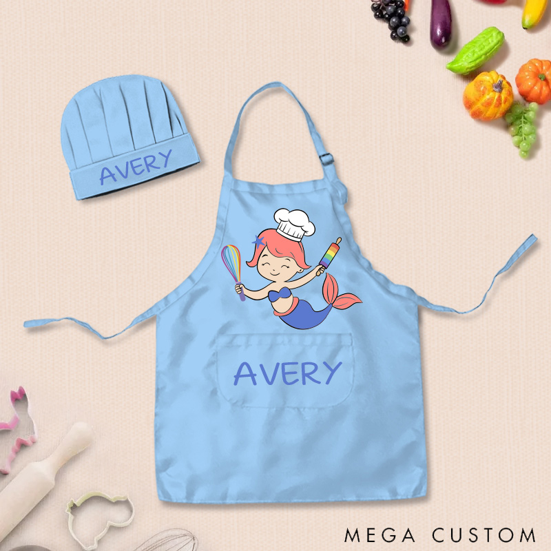 Personalized Mermaid Adjustable Kid Apron Chef Hat Set with Pocket and Name for Cooking Baking Birthday Holiday Gift for Kids