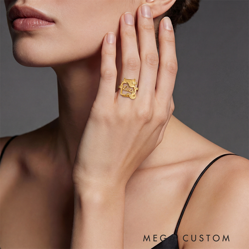 Personalized Cartoon Cat Holding Heart Sterling Silver Name Ring Custom Jewelry for Cat Lovers