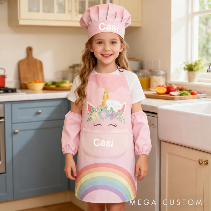 Personalized Colorful Gradient Cartoon Print Adjustable Kids Apron Set with Name and Pocket for Cooking Crafts Holiday Gift for Girls