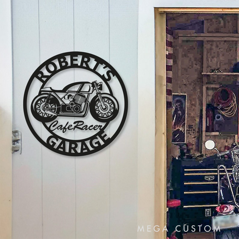 Personalized Cafe Racer Garage Metal Sign Custom Round Motorcycle Wall Art with Name Biker Workshop Decor Gift for Motorcycle Racer and Motorbike Lovers
