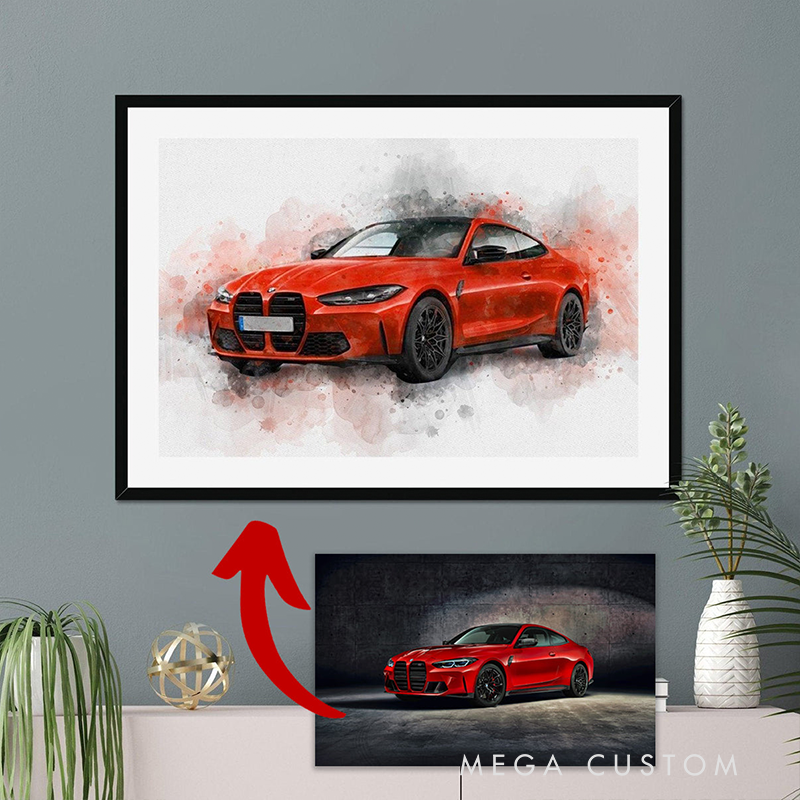 Personalized Sports Car Watercolor Portrait Custom Racing Car Artwork from Photo Unique Driver Gift Modern Auto Art Print for Car Lovers
