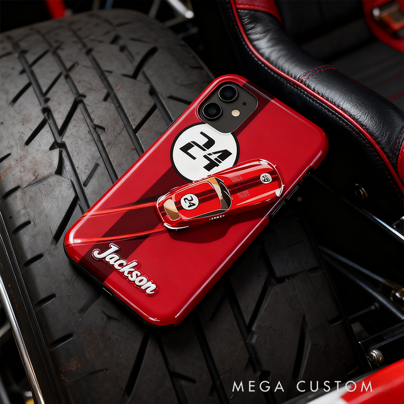 Personalized Racing Style Phone Case Custom Name and Number Retro Car Design Gift for Car Lovers